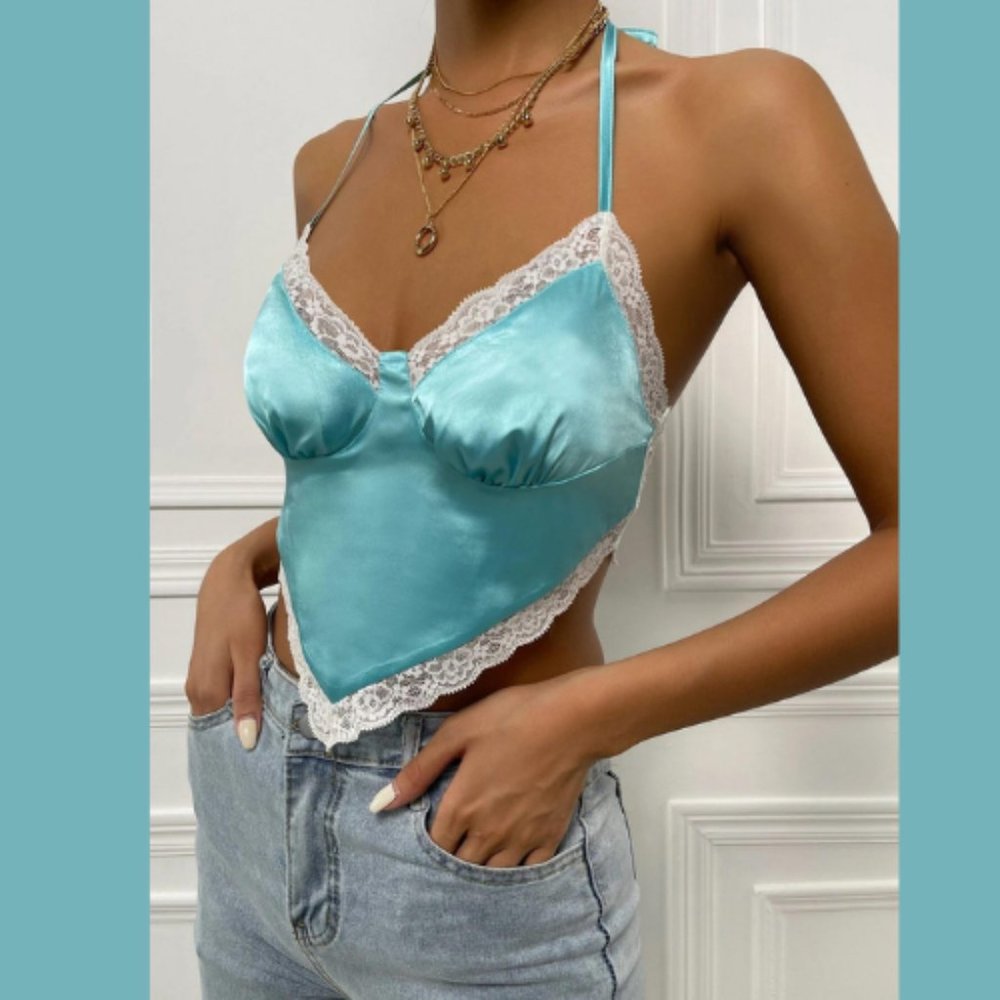 Mint Blue Lace Trim Hanky Hem Satin Halter Top Size M